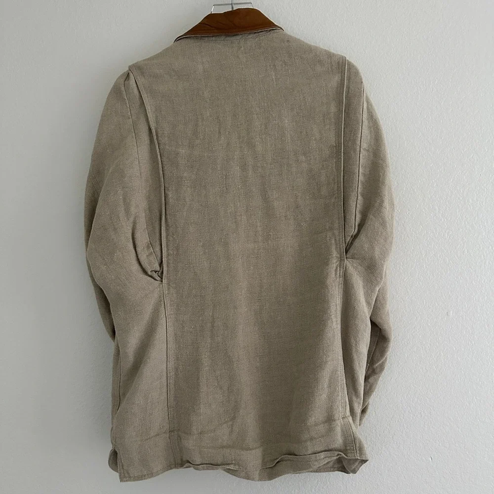 Vtg Banana Republic Safari‎ Jacket Mens XS Beige Linen Leather Collar Field Coat